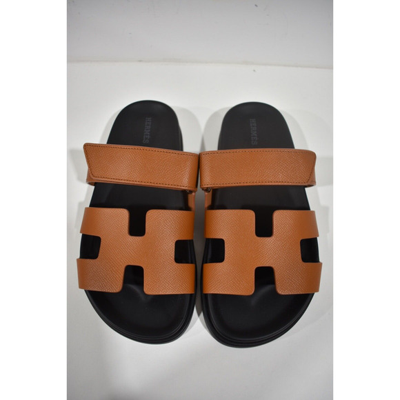 Hermes Chypre Sandal Natural Brown Gold Black H Logo Slide Slip On Flat 37.5 - Picture 7 of 12